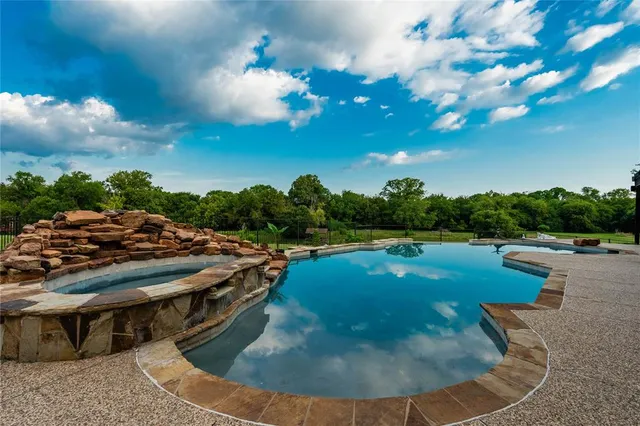 a view of a swimming pool with a yard