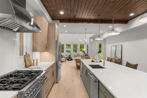 a kitchen with lots of counter top space