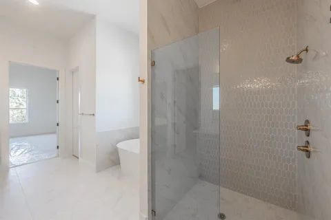 a bathroom with a shower and a toilet