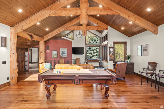 10280 Dimple Dell Road Sandy, UT 84092 - Photo 36 of 58 Game room with a high wood beamed ceiling, hardwood / wood-style flooring, recessed lighting, and billiards