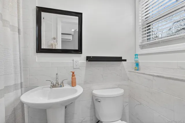 a bathroom with a toilet sink and mirror