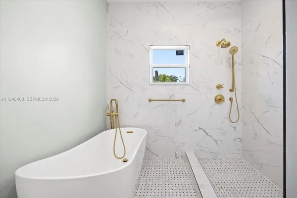 a bathroom with a bathtub