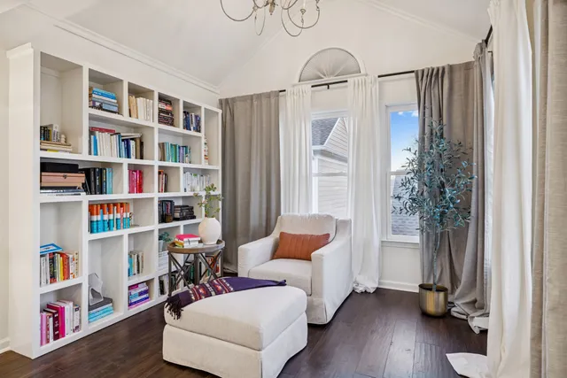 a view of a park with large trees