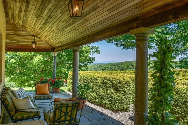 a view of yard with swimming pool and green space