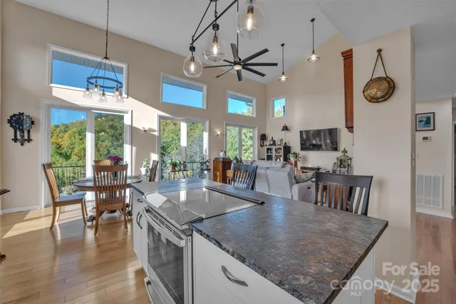 a view of a dining room and livingroom with furniture wooden floor a chandelier