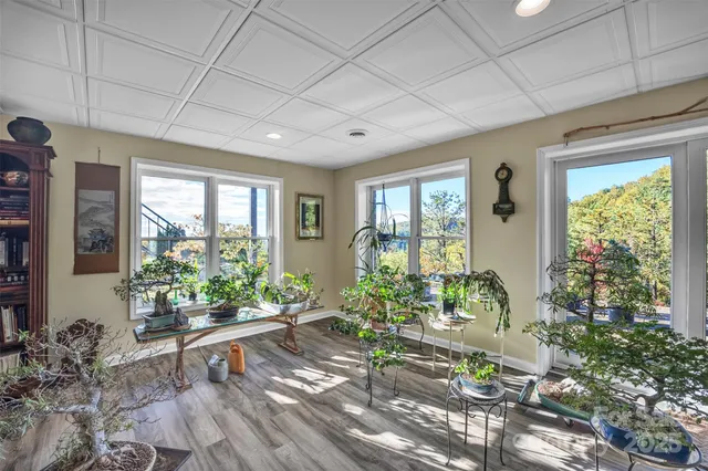 a view of a yard with an ocean view