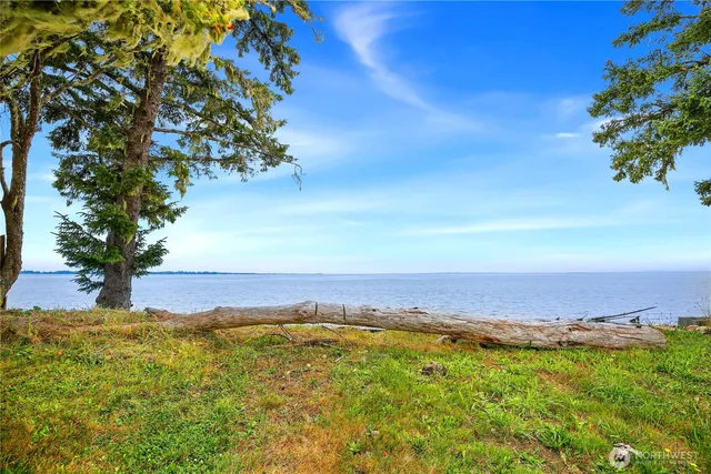 a view of an ocean and a mountain