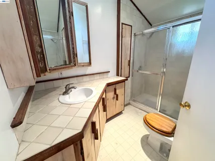 a bathroom with a sink a toilet and mirror