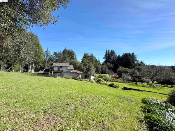 a view of a grassy field with sitting area