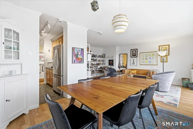 a view of a dining room with furniture