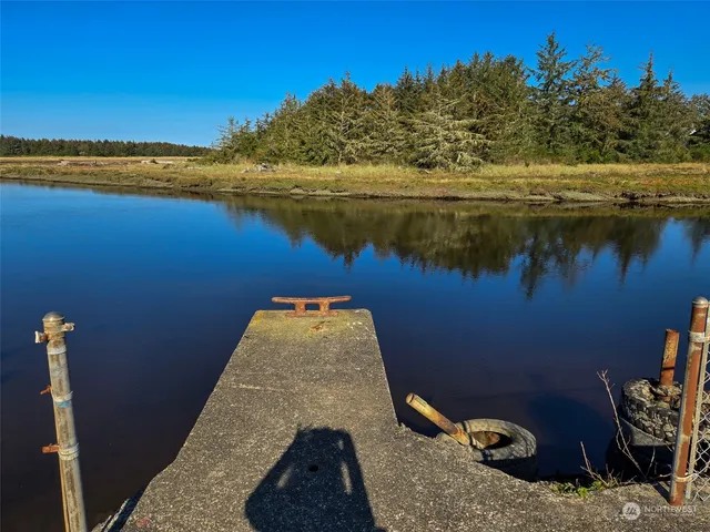 a view of a lake with a wooden bridge