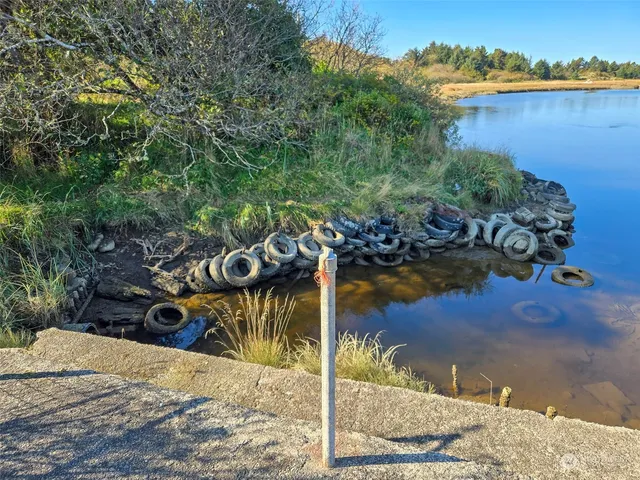 a view of a lake with houses in the back