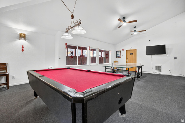 407 South Vasels Road, Unit 24 Brian Head, UT 84719 - Photo 36 of 63 Recreation room with dark carpet, vaulted ceiling, billiards table, and ceiling fan