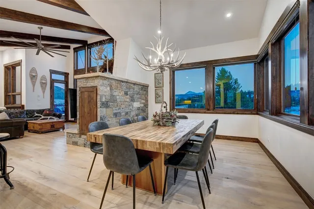 a view of a dining room with furniture window and outside view