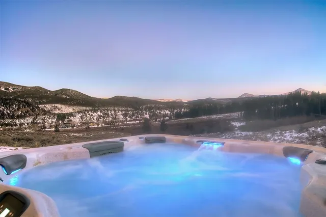 a view of a town with mountains in the background