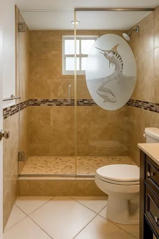 a bathroom with a toilet and a shower