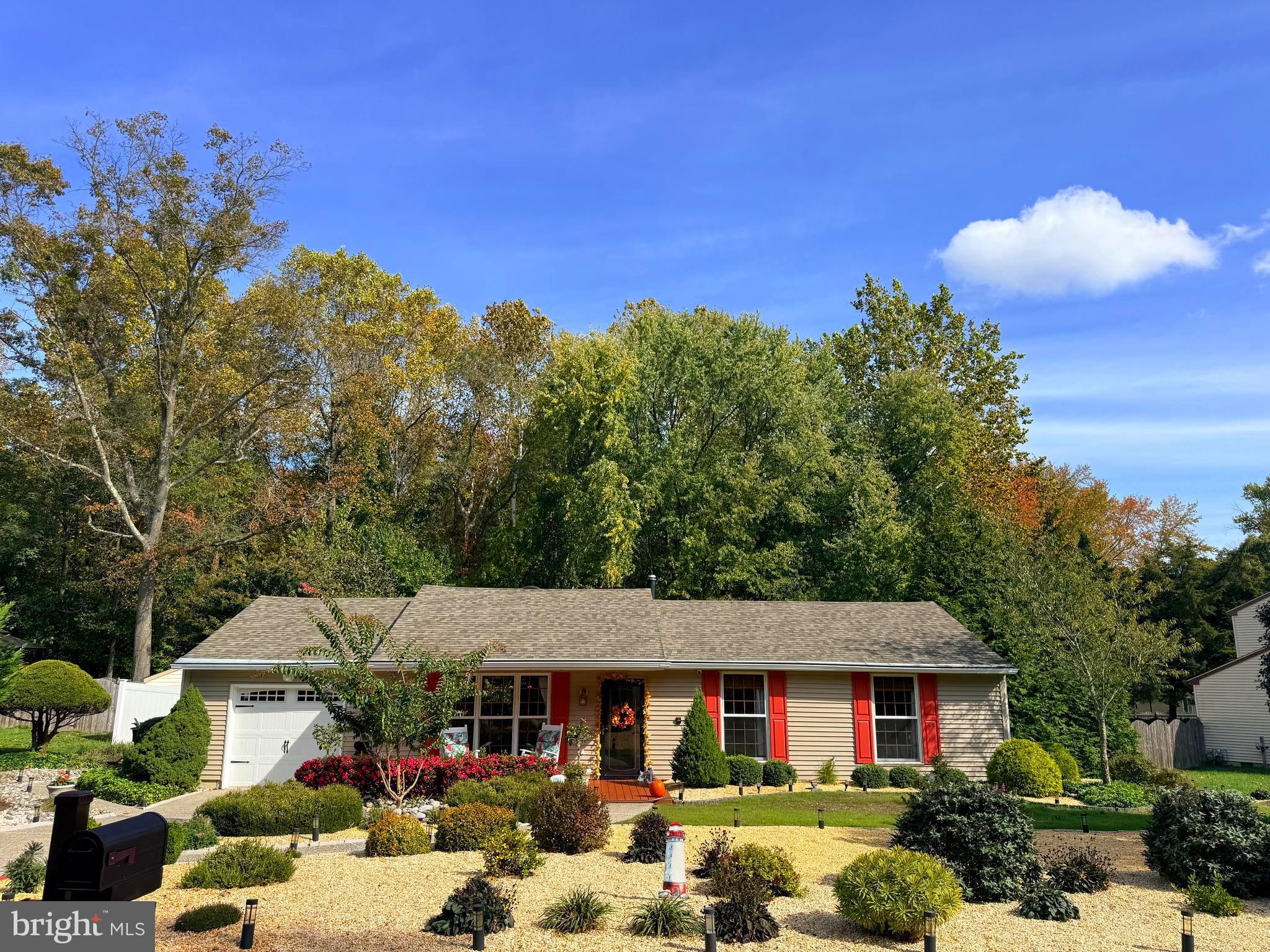 a view of a white house with a yard plants and large tree