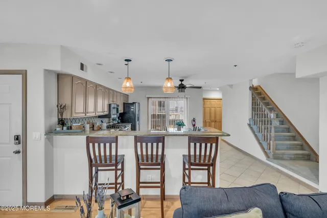 a view of a dining room with furniture