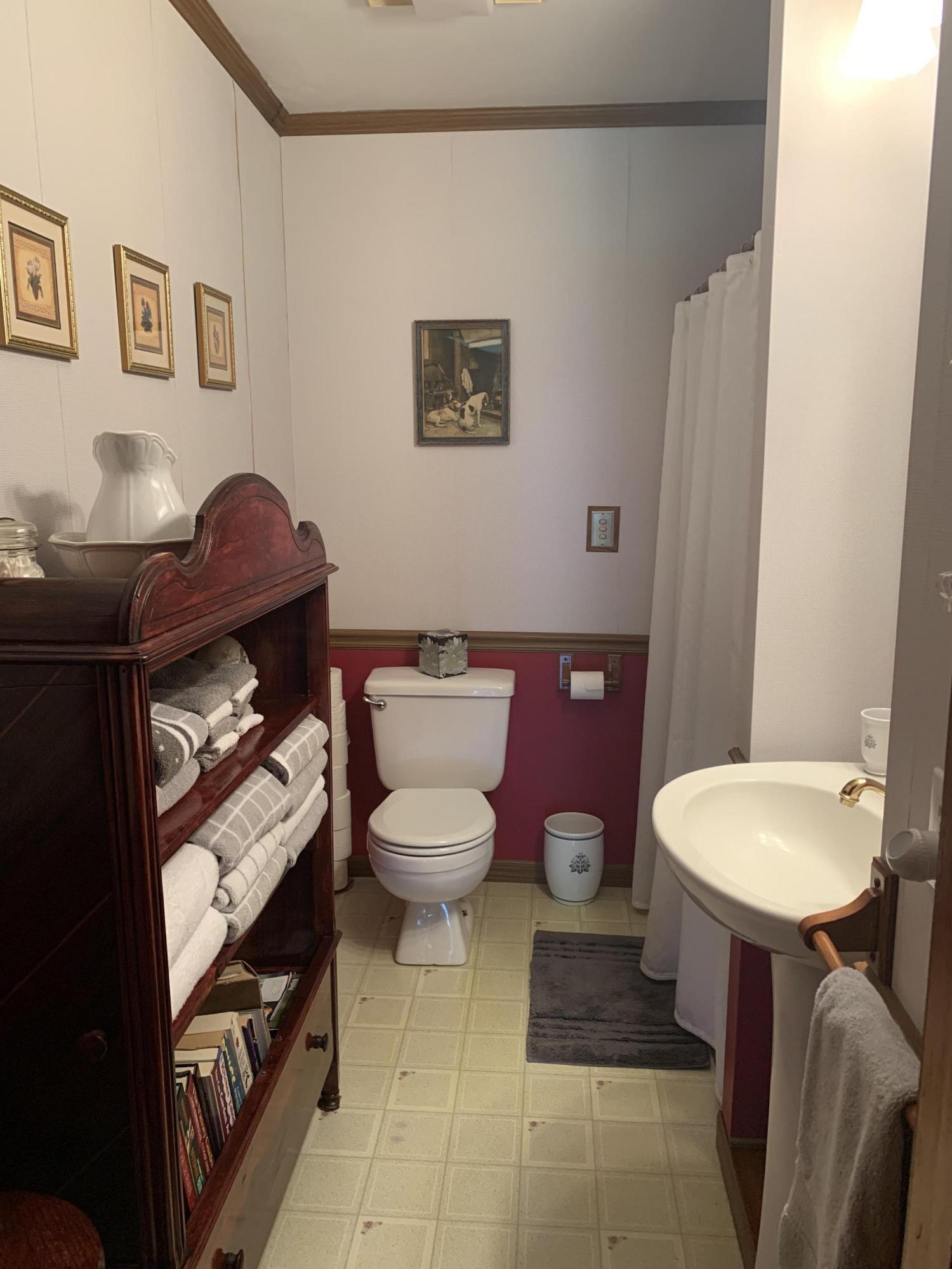1763 Morgans Mill Road Goodview, VA 24095 - Photo 30 of 46 a bathroom with a toilet a sink and mirror