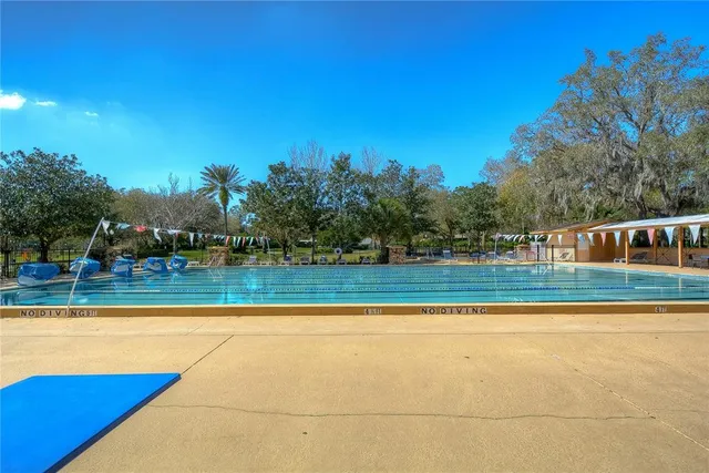 a view of swimming pool with seating area and trees in the background