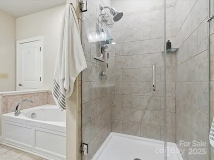 a bathroom with a bathtub and shower