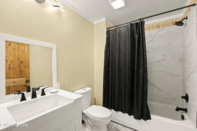 a bathroom with a sink a toilet and shower curtain