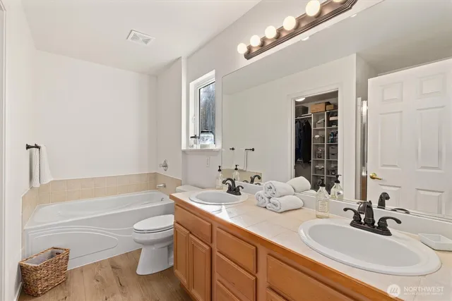 a bathroom with a granite countertop sink mirror toilet and bathtub
