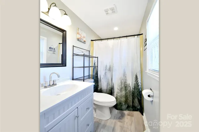 a bathroom with a sink a toilet and shower