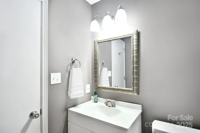 a bathroom with a sink vanity and a mirror