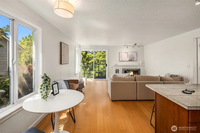 a living room with furniture and a table