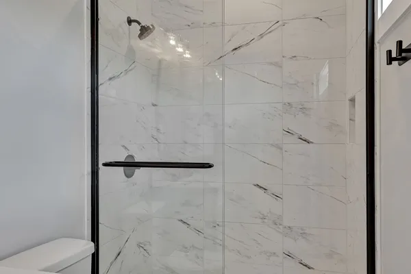 a bathroom with a shower and toilet