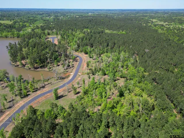 an aerial view of a house with a yard and lake view