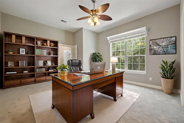 a work room with furniture and a potted plant