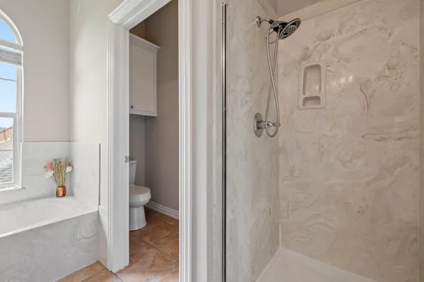 a bathroom with a shower and a toilet