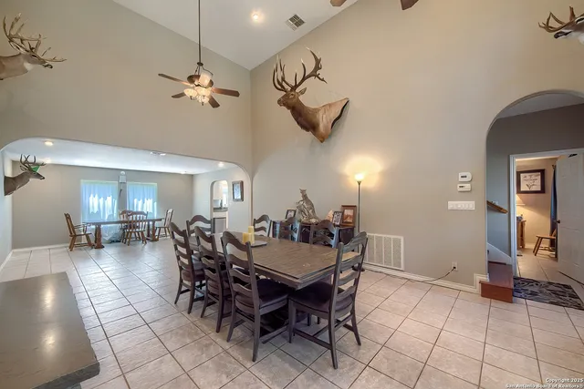 a view of a dining room with furniture
