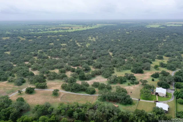 an aerial view of residential houses with outdoor space and trees