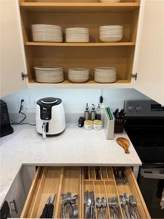 a view of a dining room with furniture
