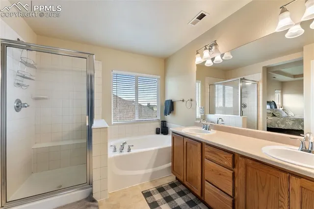 a spacious bathroom with a double vanity sink mirror and shower