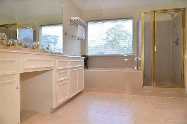 a bathroom with a tub sink and window