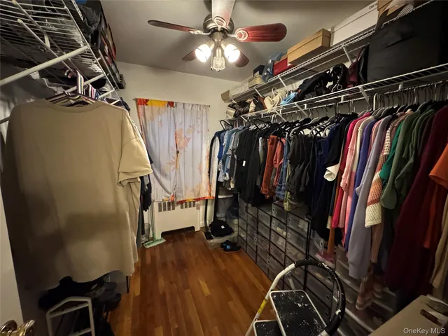 a view of walk in closet with clothes and shoes