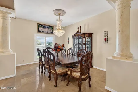 a view of a dining room with furniture