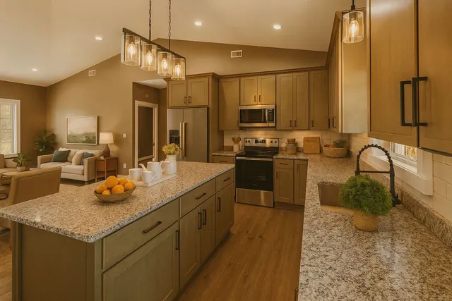 a kitchen with stainless steel appliances granite countertop a sink a stove and a refrigerator
