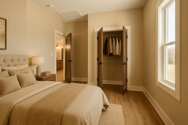 a bedroom with a bed and wooden floor