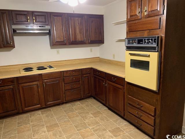 48 Sandpiper Lane, Unit 48 SANDPIPER LANE Georgetown, SC 29440 - Photo 6 of 10 Kitchen with light countertops, under cabinet range hood, white electric stovetop, dark brown cabinets, and ornamental molding