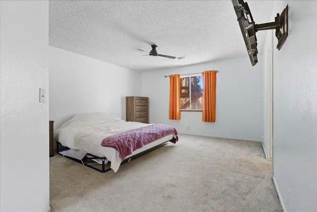 a spacious bedroom with a bed and a window