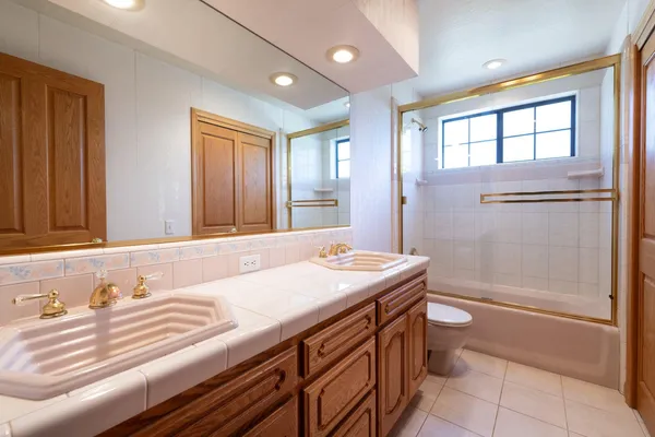 a bathroom with a sink a toilet and shower