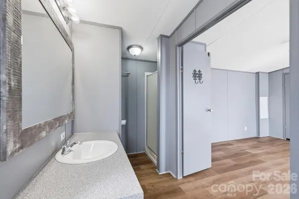 a bathroom with a sink and a mirror