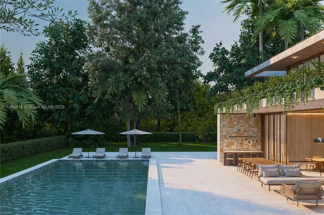 a garden view with a seating space