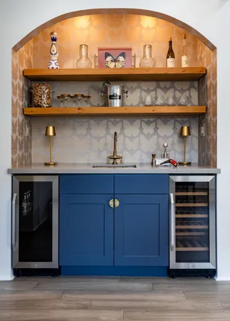 a kitchen with a stove and cabinets