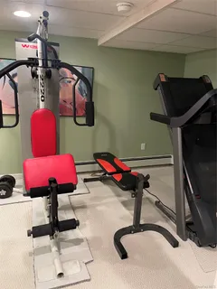 a living room with gym equipment